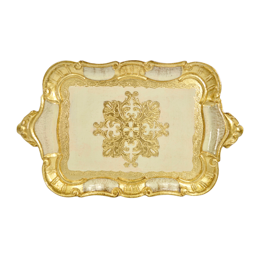 Small Florentine Carved Wood Tray with handles, Made in Italy: Cappuccino