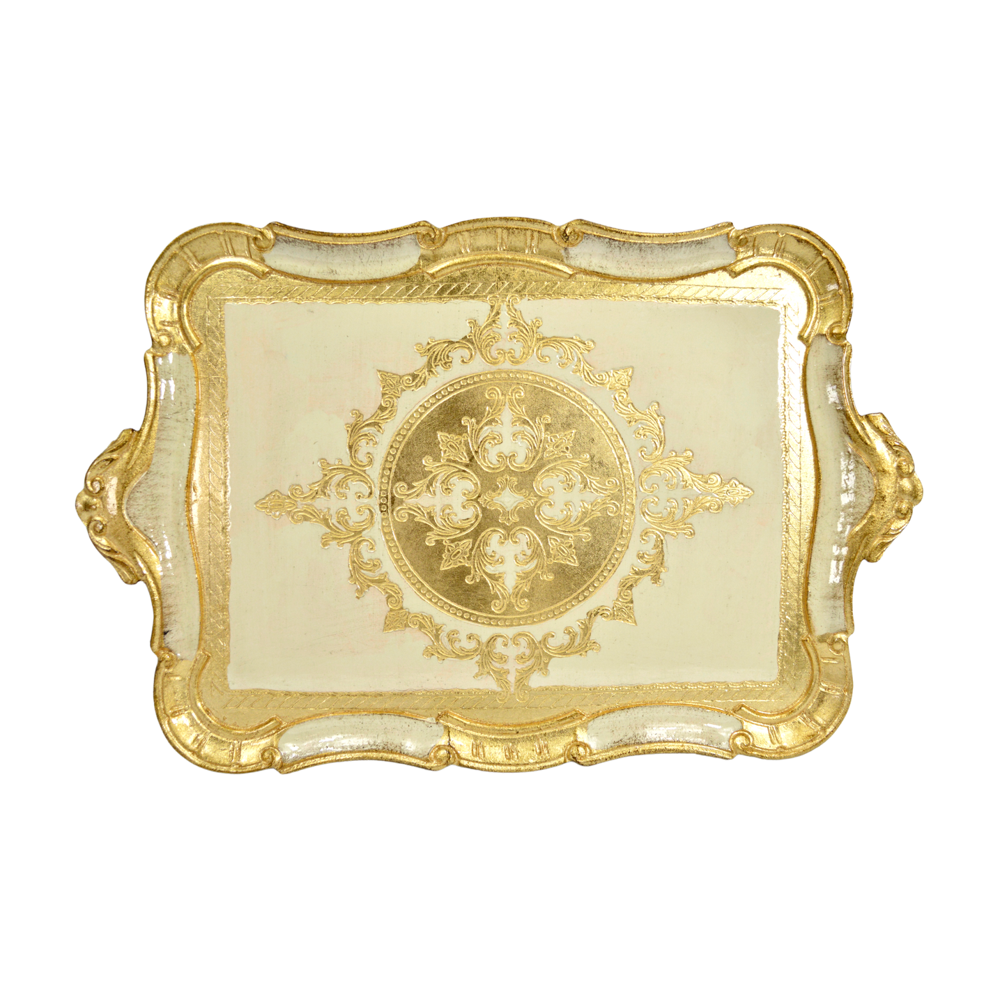 Florentine Carved Wood Tray, Rectangle with Scalloped Design: Cappuccino / Medium
