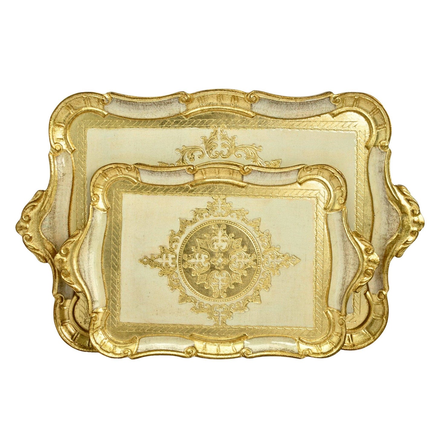 Florentine Carved Wood Tray, Rectangle with Scalloped Design: Cappuccino / Medium