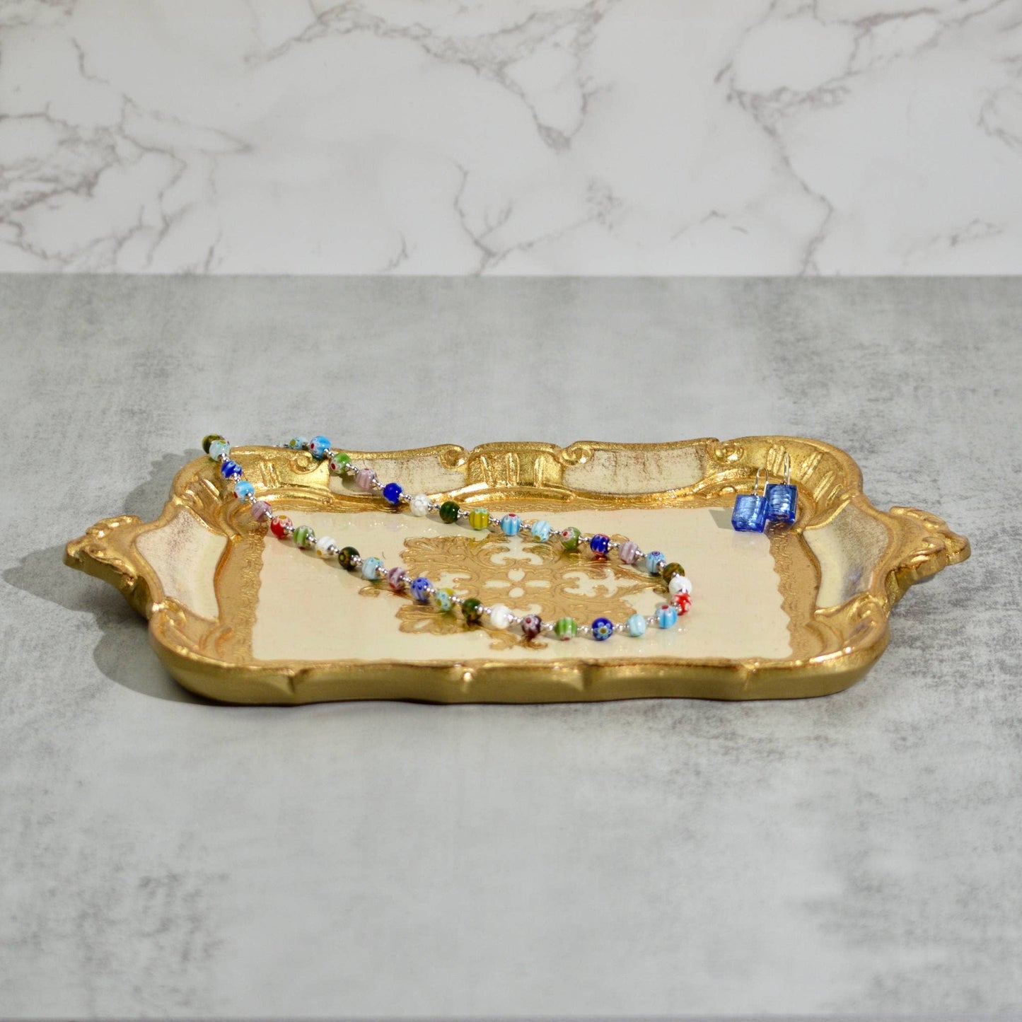 Small Florentine Carved Wood Tray with handles, Made in Italy: Cappuccino