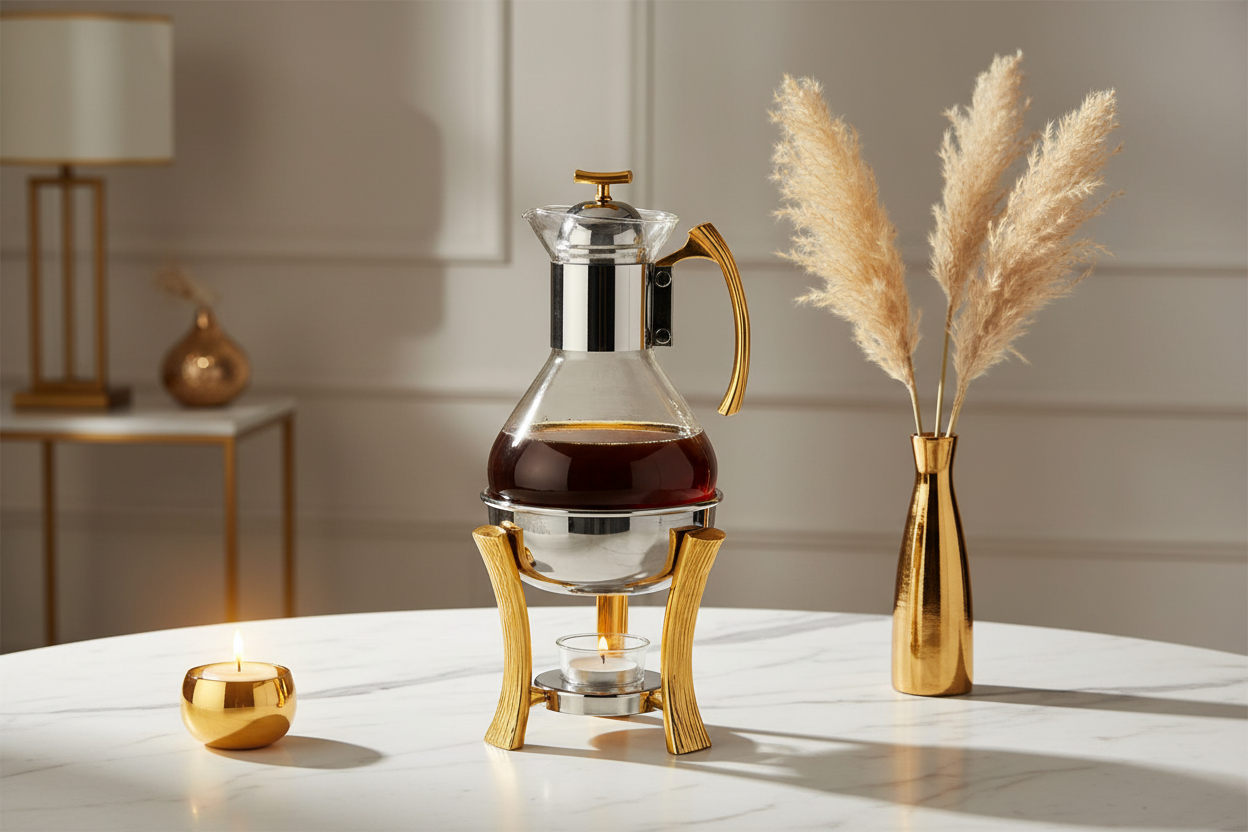 Gold Coffee and Tea Warmer Set styled on white marble with candle and pampas grass